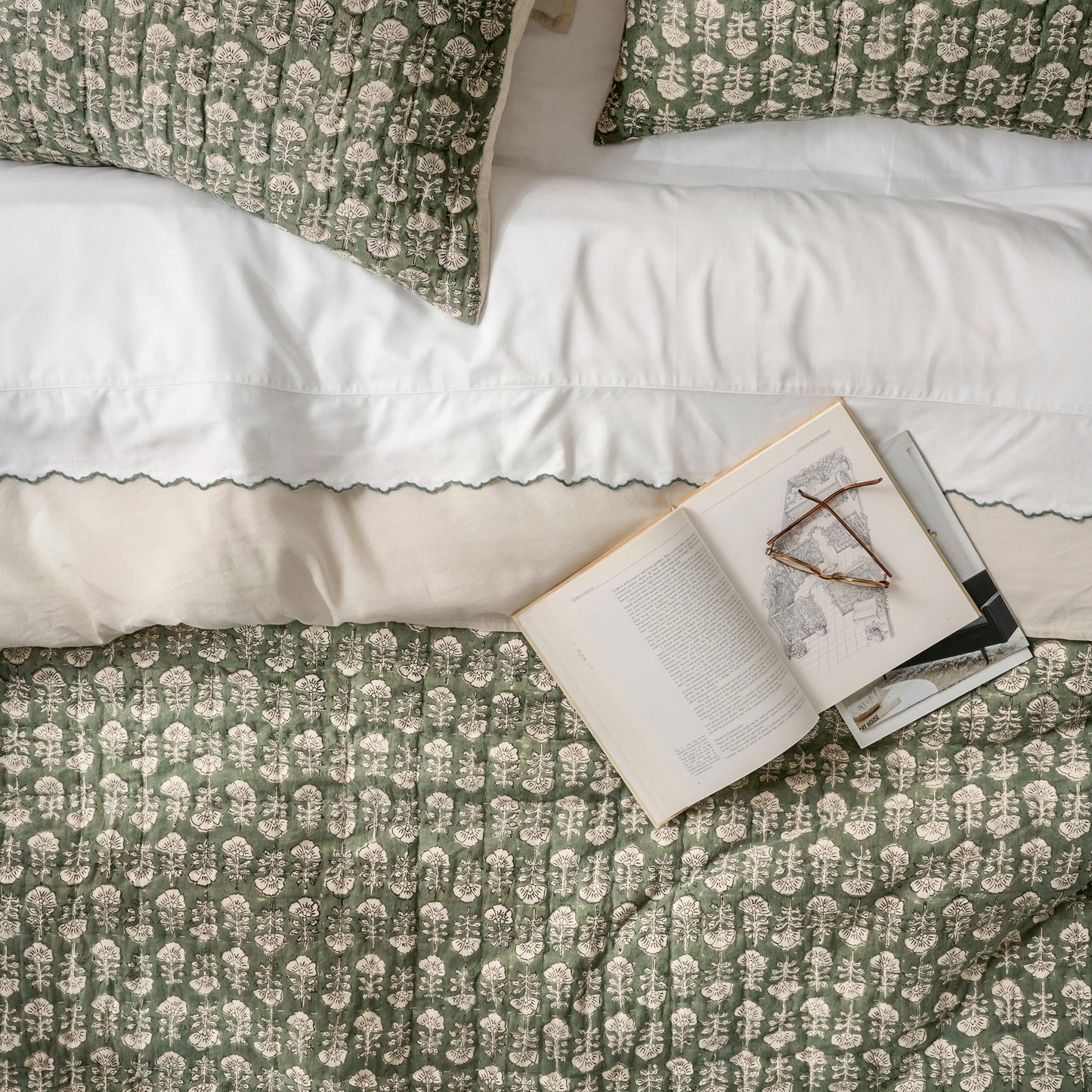 Dusty Green Flora Block Print Quilt + Sham Set (Queen)