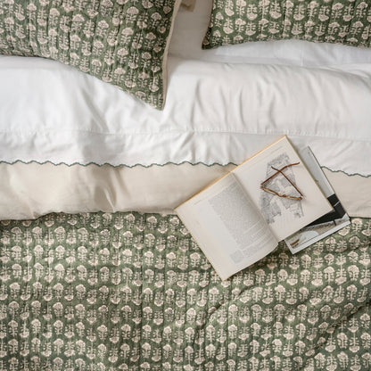 Dusty Green Flora Block Print Quilt + Sham Set (Queen)