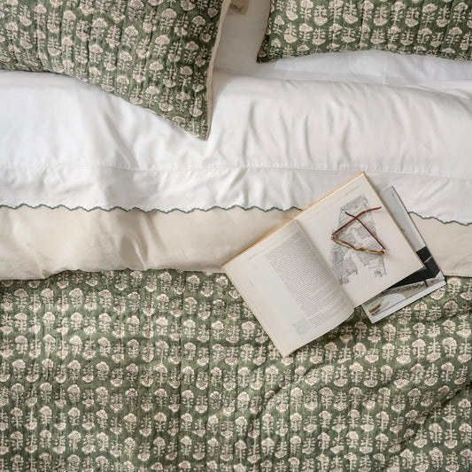 Dusty Green Flora Block Print Quilt + Sham Set (Queen)