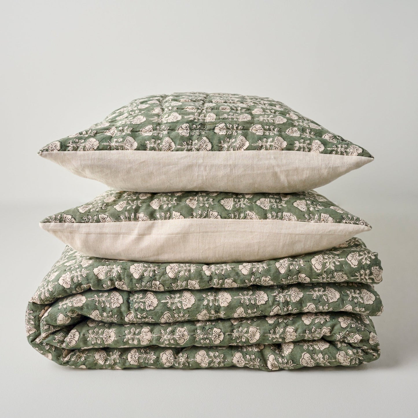 Dusty Green Flora Block Print Quilt + Sham Set (Queen)