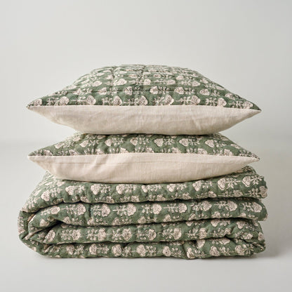 Dusty Green Flora Block Print Quilt + Sham Set (Queen)