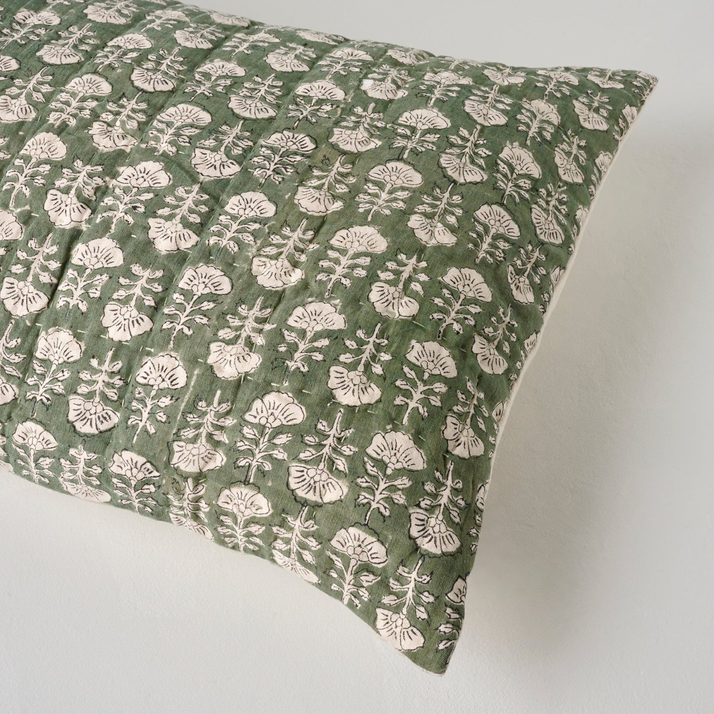 Dusty Green Flora Block Print Quilt + Sham Set (Queen)