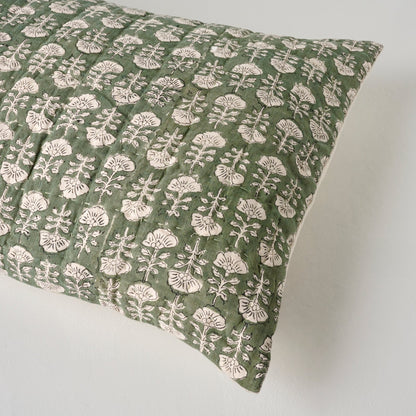 Dusty Green Flora Block Print Quilt + Sham Set (Queen)